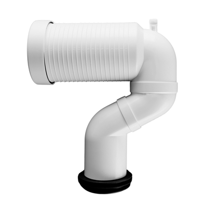 Weißes PVC-Rohrverbindungsgerät mit verstellbarer Länge, das zur Verbindung von WC-Panels mit Plastik-Abflussrohren verwendet wird